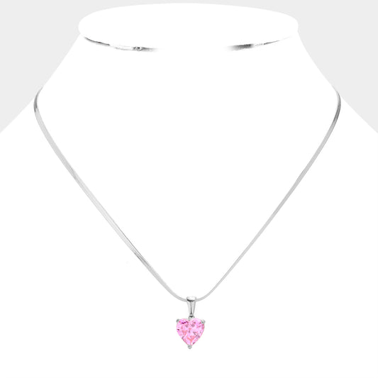 PINK HEART CZ CLEAR PENDANT NECKLACE