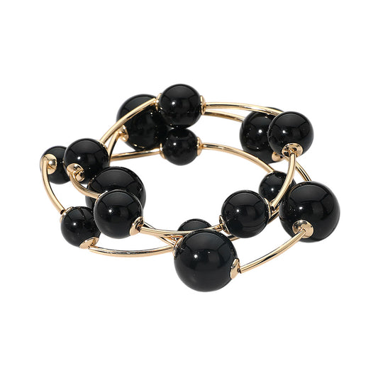 BLACK 3PC RESIN BALL BEADED STRETCH BRACELET