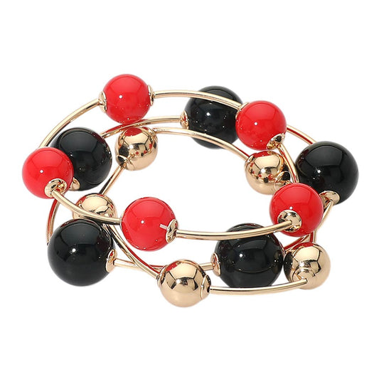 RED, BLACK 3PC RESIN BALL BEADED STRETCH BRACELETS