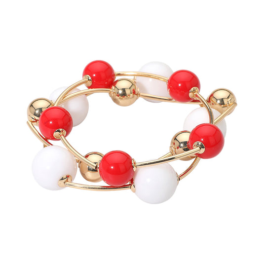RED, WHITE 3PC RESIN BALL BEADED STRETCH BRACELETS