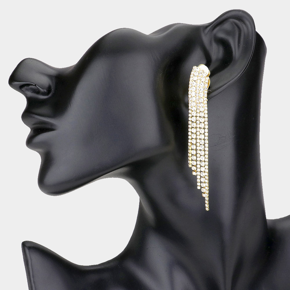 CLIP ON GOLD CRYSTAL PAVE FRINGE EARRINGS