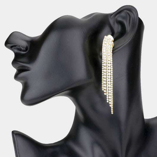 CLIP ON GOLD CRYSTAL PAVE FRINGE EARRINGS