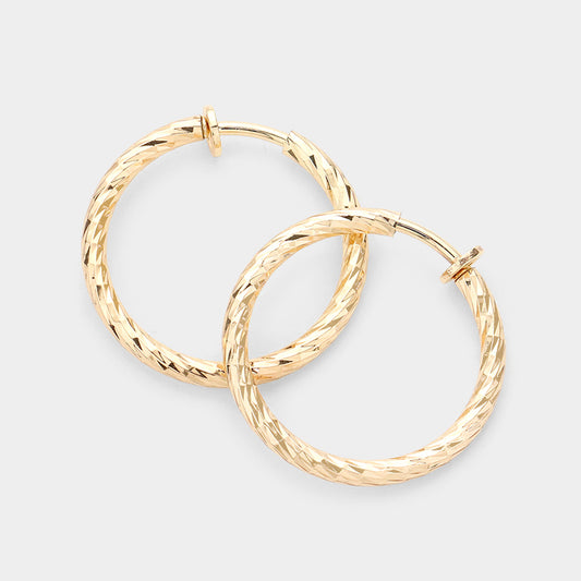 CLIP ON GOLD TEXTURED HOOP EARRINGS