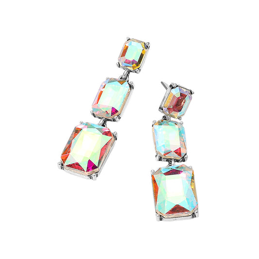 IRIDESCENT RECTANGULAR STONE CLUSTER LINK DROP EARRINGS