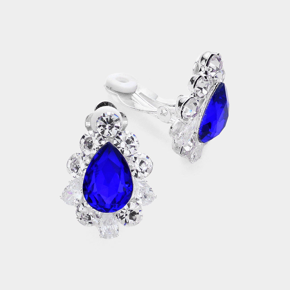 CLIP ON SAPPHIRE BLUE TEARDROP STONE EARRNGS