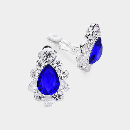CLIP ON SAPPHIRE BLUE TEARDROP STONE EARRNGS