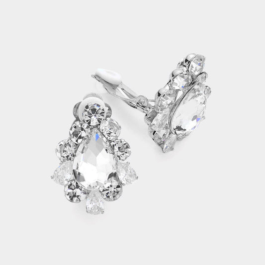 CLIP ON SILVER TEARDROP STONE EARRINGS