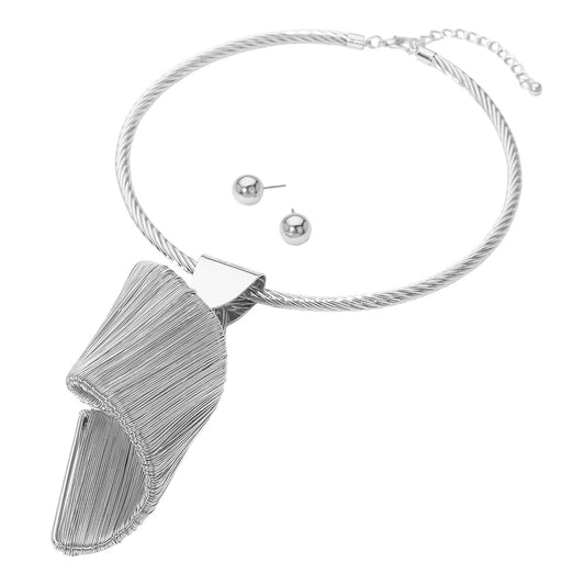 SILVER OVERSIZED METAL WIRE ABSTRACT SWIRL PENDANT NECKLACE