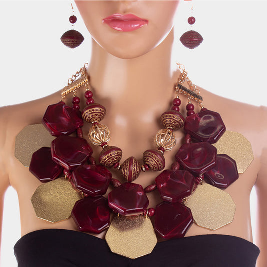 BURGUNDY GEOMETRIC DISC WOOD BEAD MULTI STRAND NECKLACE