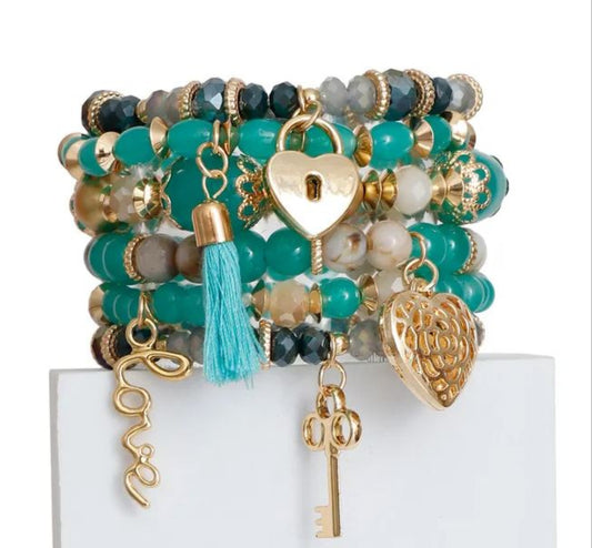 GOLD TEAL & PEARL LOVE 7 PC BRACELET
