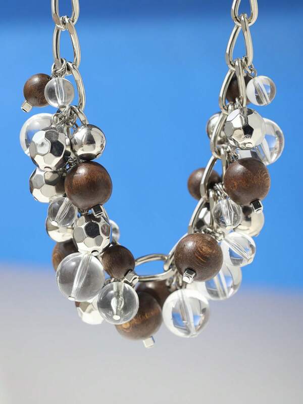 BOHO BEAD BROWN & CLEAR BIB NECKLACE