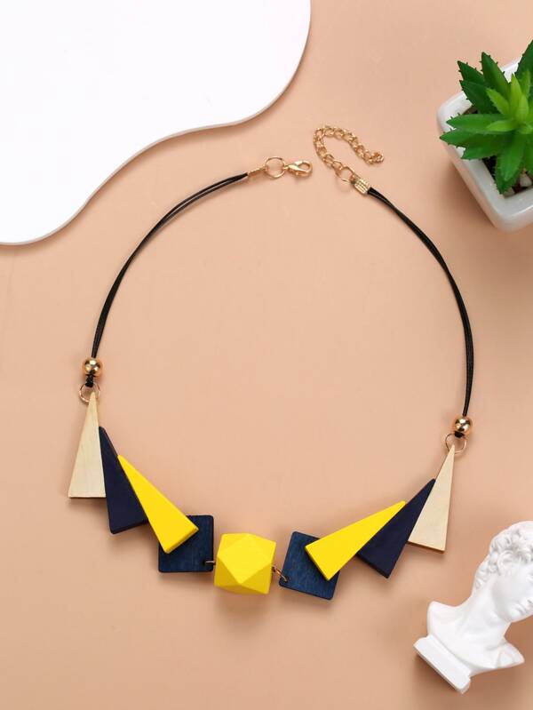 WOODEN COLOR BLOCK GEOMETRIC NECKLACE