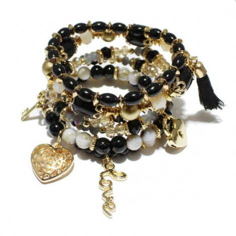 BLACK "LOVE" HEART N'KEY LOCK CHARM MULTI LAYERED STRETCH BRACELET