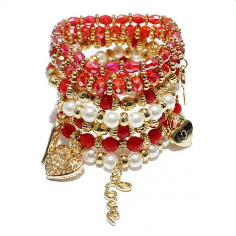 RED "LOVE" HEART N'KEY LOCK CHARM MULTI LAYERED STRETCH BRACELET