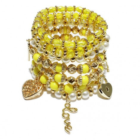 YELLOW "LOVE" HEART N'KEY LOCK CHARM MULTI LAYERED STRETCH BRACELET