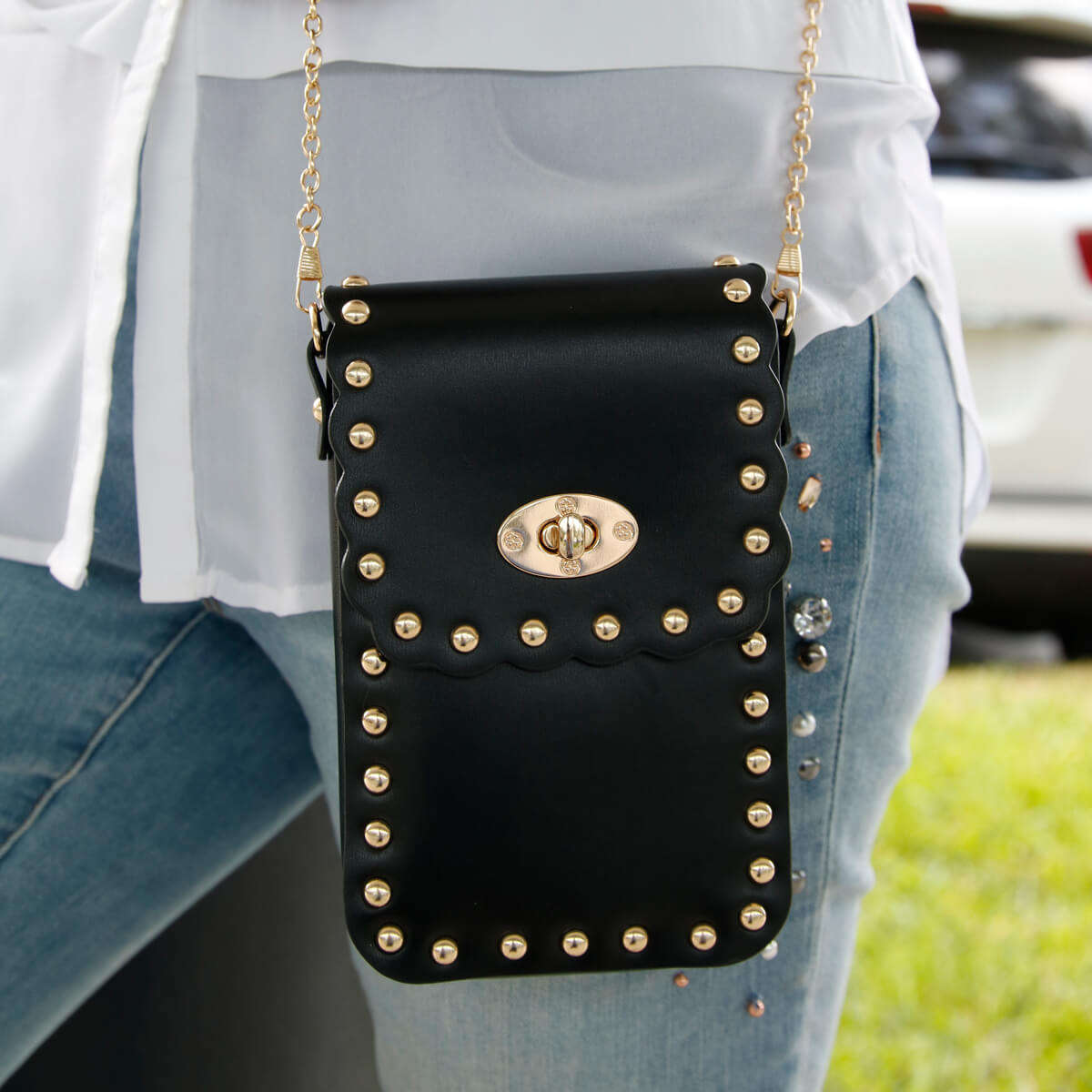 Handbag - Phone Crossbody - Black with Gold Studs