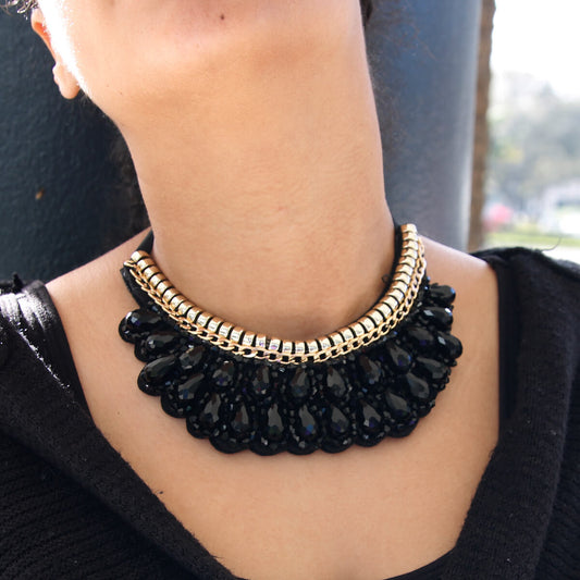 Necklace - Black & Gold Scallop Necklace with a Ribbon Tie