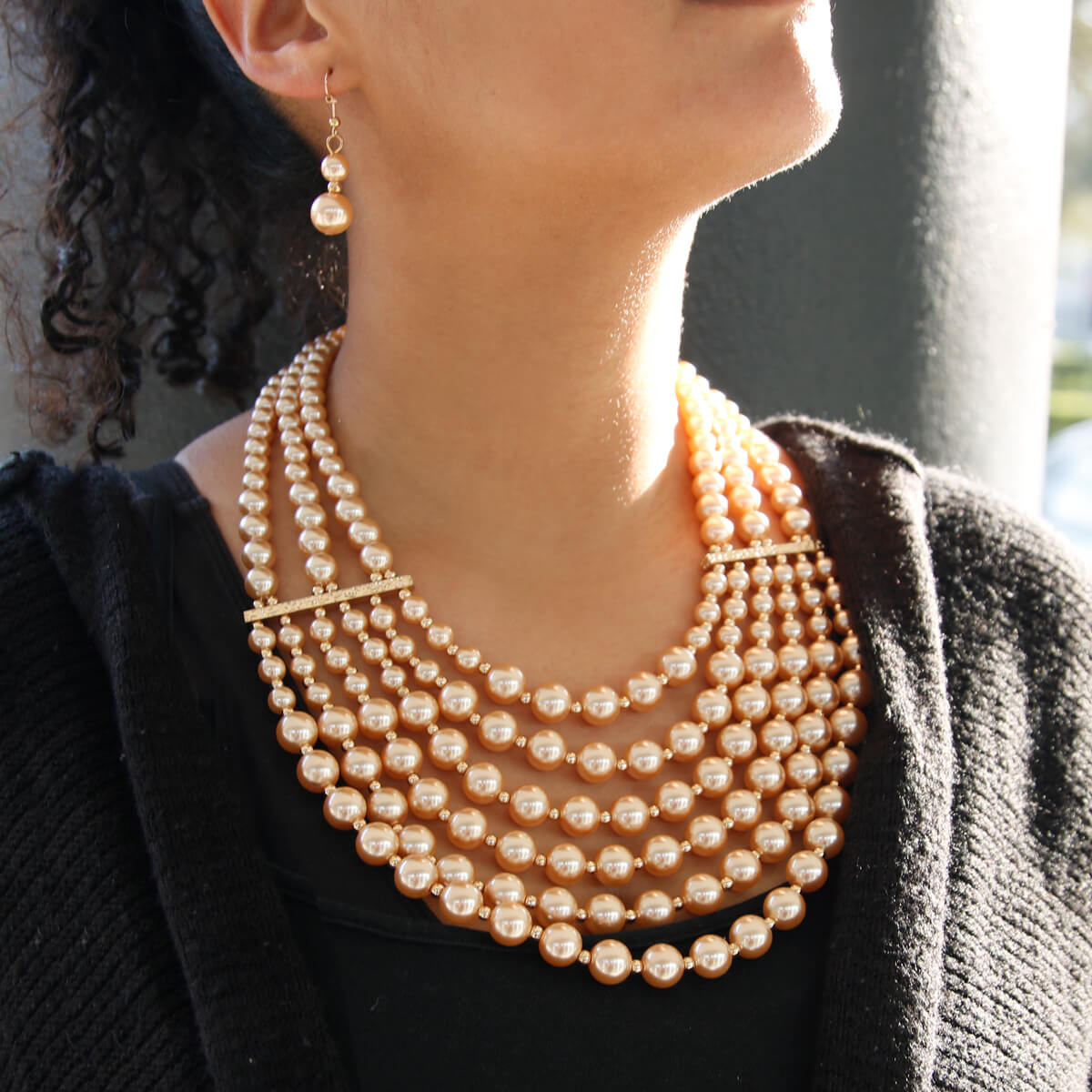 Necklace Set - Pearls 6 Strands - Peach