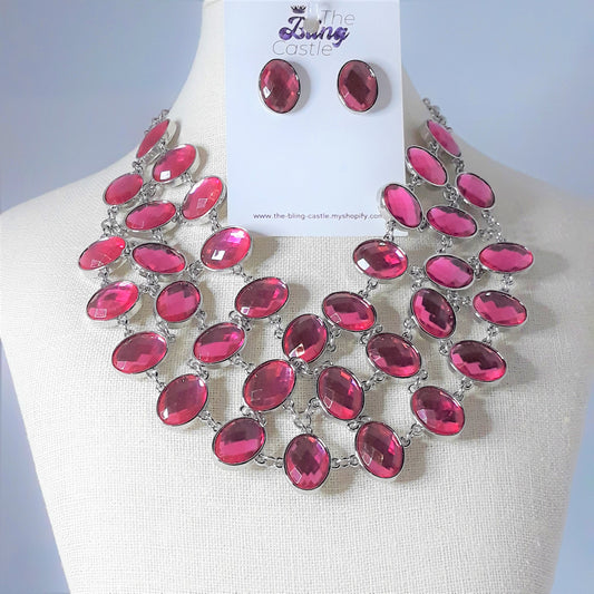 Necklace Set 3pc.  (Necklace - Double-sided, Earrings, & Bracelet) -Double Crush Hot Pink & Silver