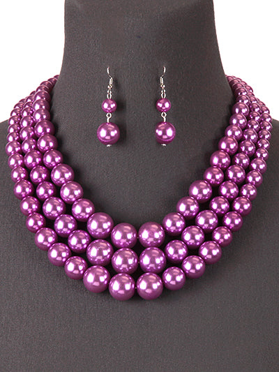 Necklace Set - Lilac Purple Pearls - 3 Strand