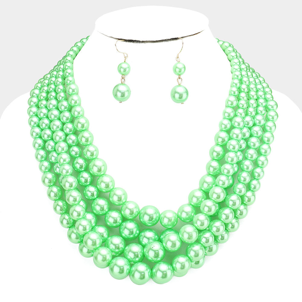 Necklace Set - Lime Green Pearls 5 Strand