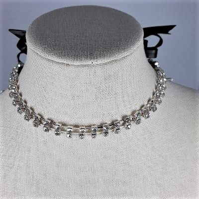 Necklace - Silver Bling Choker with Leather Tie Back