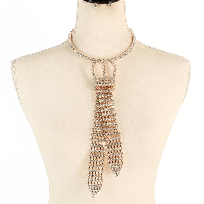 GOLD/CLEAR, NECKTIE RHINESTONE CHOKER DROP NECKLACE SET