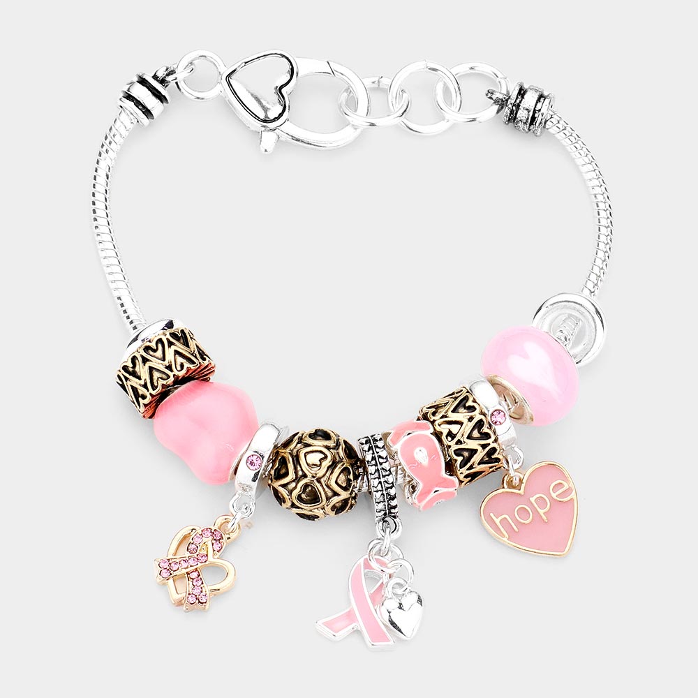 PINK RIBBON HEART HOPE MESSAGE MULTI BEAD CHARM BRACELET