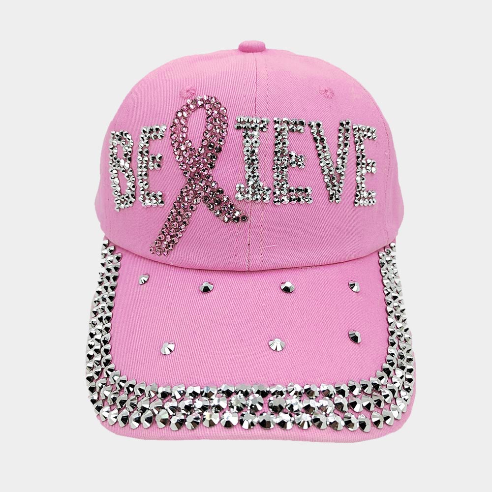 BLING PINK RIBBON BELIEVE MESSAGE BASEBALL CAP