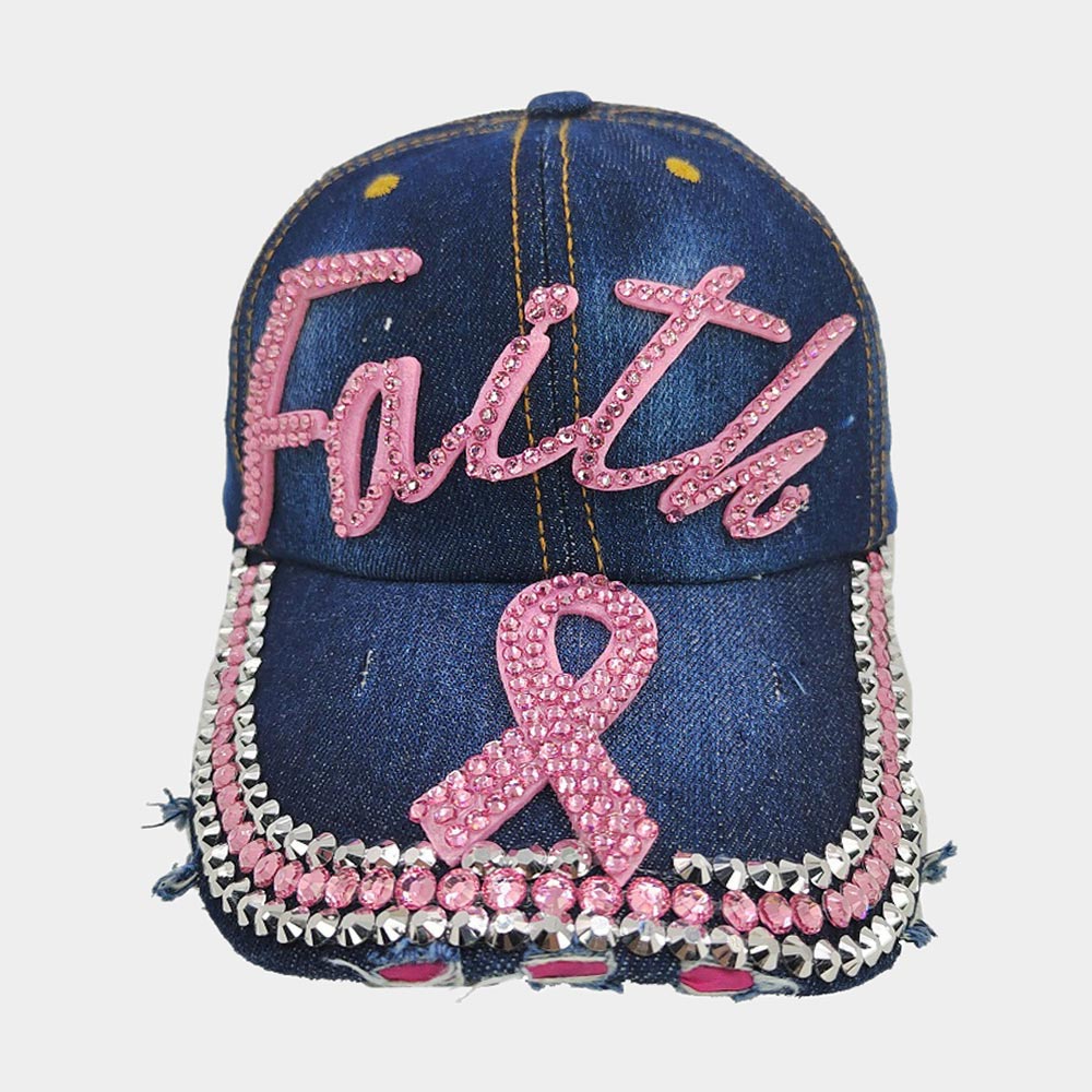 BLING PINK RIBBON FAITH MESSAGE BASEBALL CAP