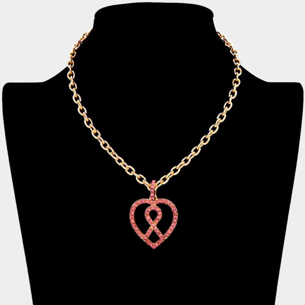 RHINESTONE PAVE PINK RIBBON HEART PENDANT NECKLACE & RHINESTONE PAVE PINK RIBBON HEART EARRINGS
