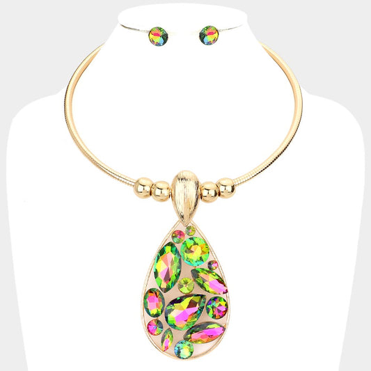 MULTI STONE EMBELLISHED TEARDROP PENDANT CHOKER NECKLACE