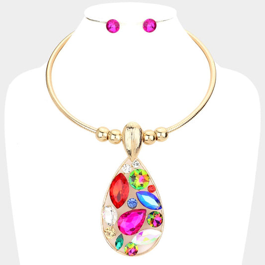 MULTI STONE EMBELLISHED TEARDROP PENDANT CHOKER NECKLACE