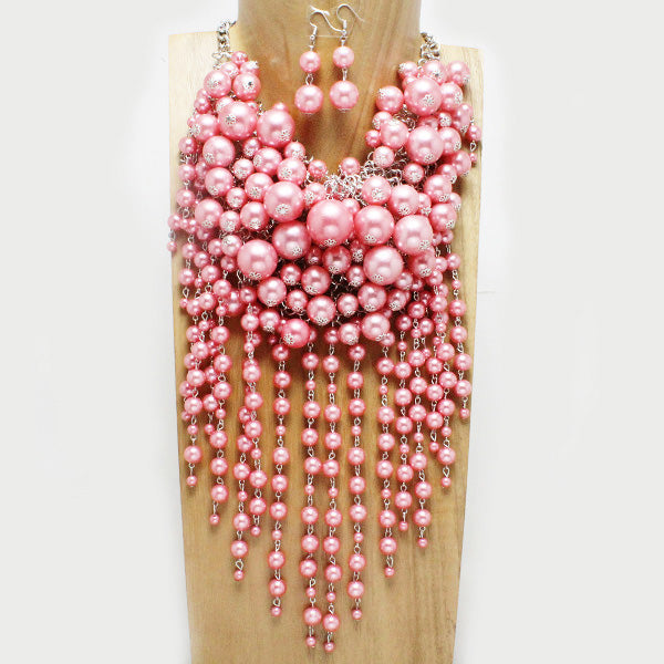 PINK PEARL CLUSTER NECKLACE SET