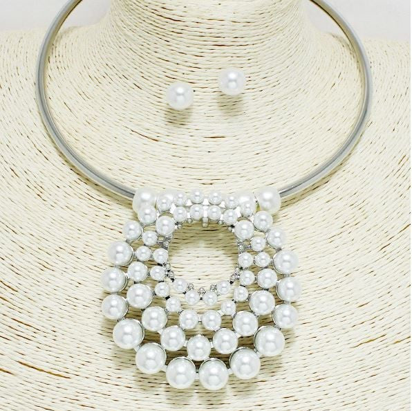 SILVER/WHITE, ROUND PEARL ACCENT CHOKER NECKLACE
