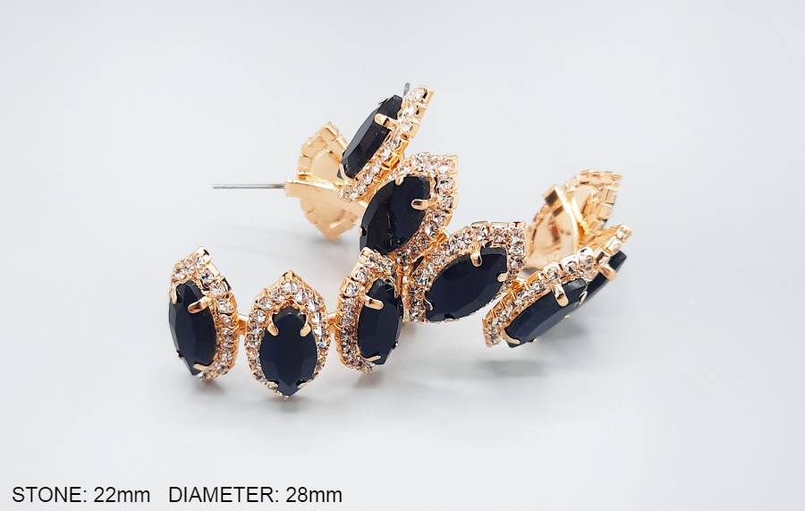 GOLD HOOP EARRINGS BLACK CLEAR STONES