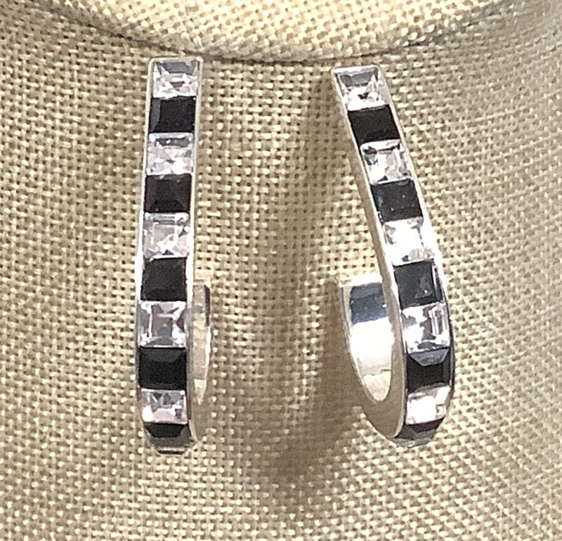 SILVER EARRINGS CLEAR BLACK STONES 1.5" POST