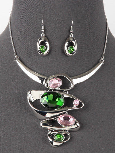 GLASS STONE ACCENT PINK GREEN BIB NECKLACE SET