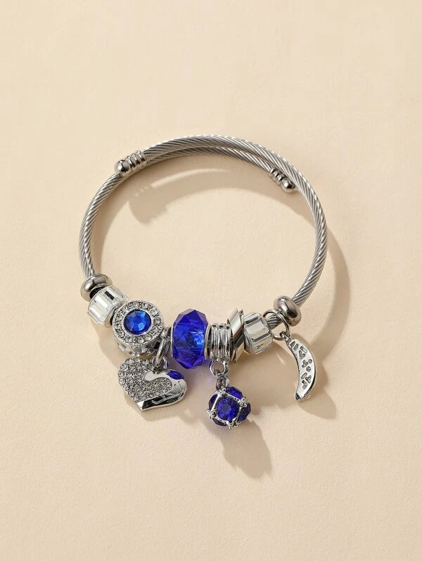 Bracelet -Rhinestone Blue & Silver Heart & Moon