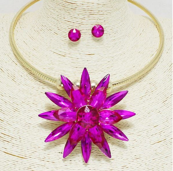 GOLD FUCHSIA, FLOWER RHINESTONE CHOKER NECKLACE