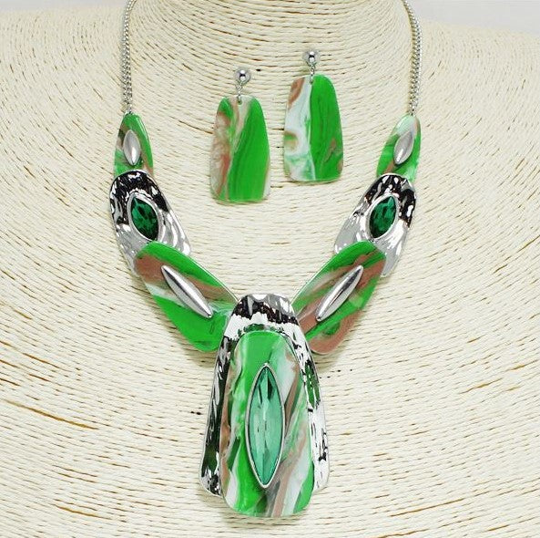 SILVER GREEN, CELLULOID ACETATE WITH MARQUISE RHINESTON NECKLACE