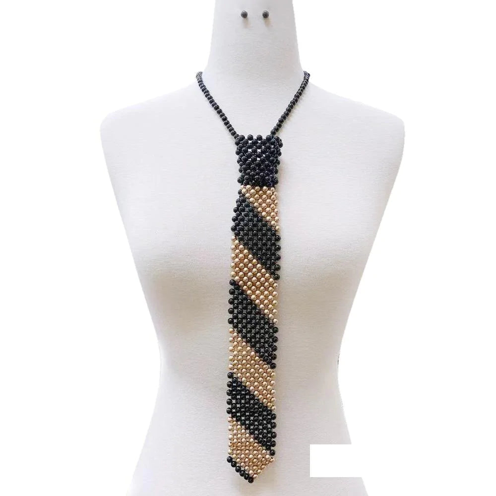 BLACK AND GOLD Pearl Tie Necklace with Matching Stud Earrings