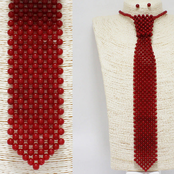 RED PEARL NECKTIE LONG DROP NECKLACE